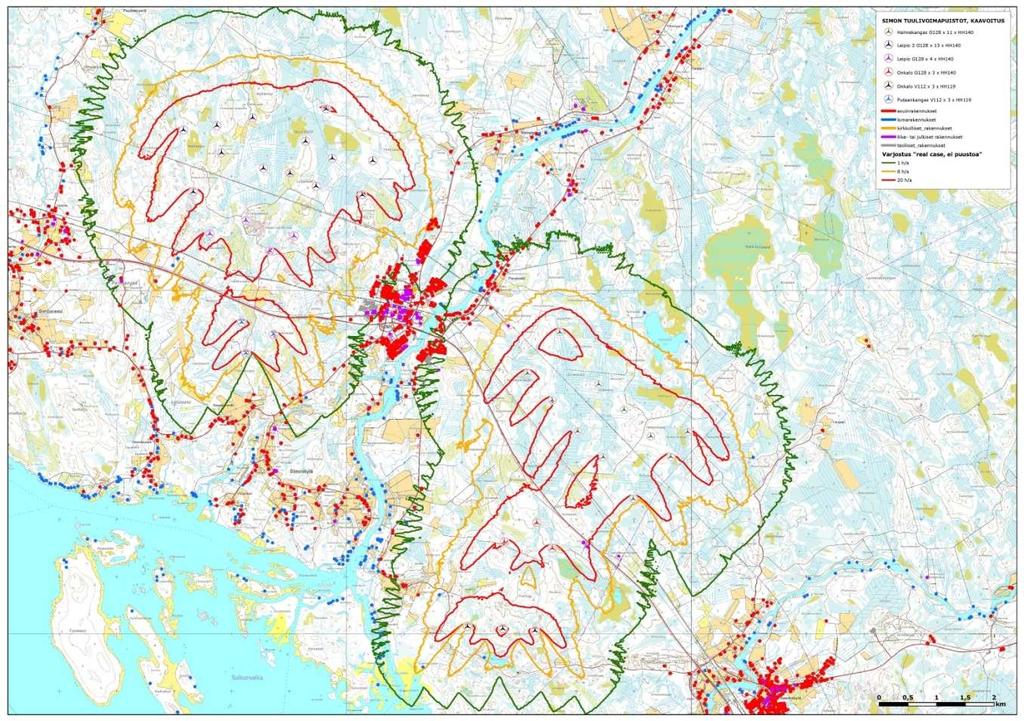 FCG SUUNNITTELU JA TEKNIIKKA OY Kaavaselostus, ehdotus 78 (84) Kuva 29. Varjomallinnuskartta TuuliWatti Oy:n, Leipiön ja Onkalon tuulivoimapuistohankkeiden yhteisvaikutuksista.