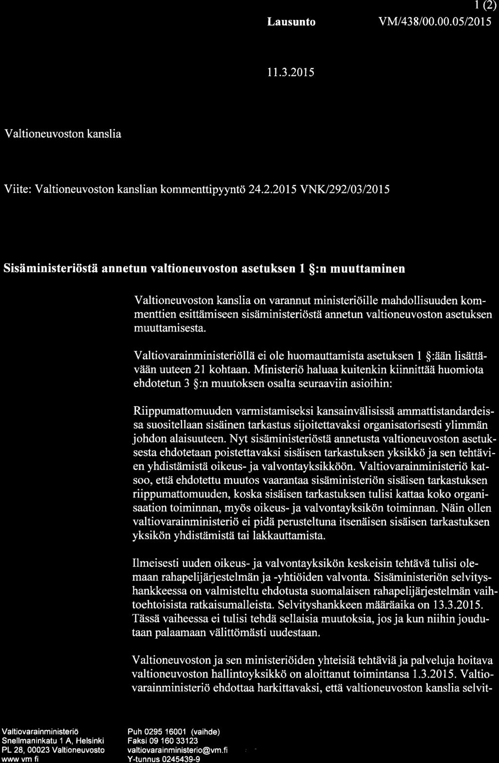 .. #C,.1 VALTIOVARAINMINISTERiÖ Lausunto 1 (2)