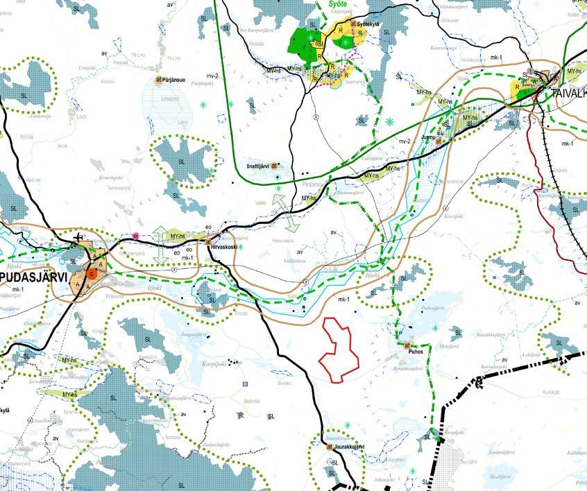 PUDASJÄRVEN KAUPUNKI 17 etäisyydellä suunnittelualueesta. Ote maakuntakaavasta on esitetty kuvassa 6 ja kaavamerkinnät taulukossa 2. Kuva 6.