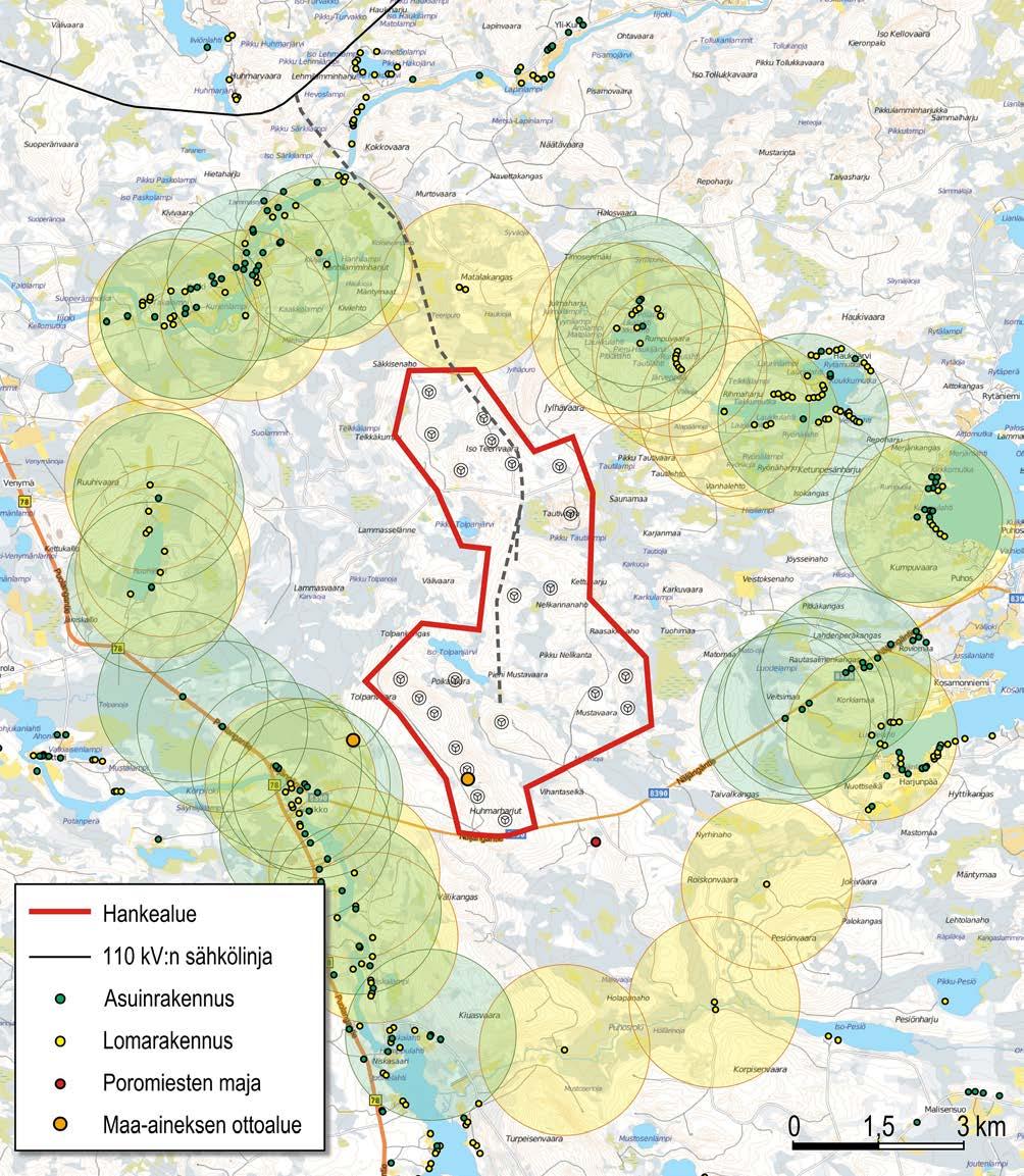 PUDASJÄRVEN KAUPUNKI 38 Kuva 22. Alueen nykyinen maankäyttö, sähkölinjavaihtoehdot ja vaihtoehdon VE3 mukaiset tuulivoimalat.
