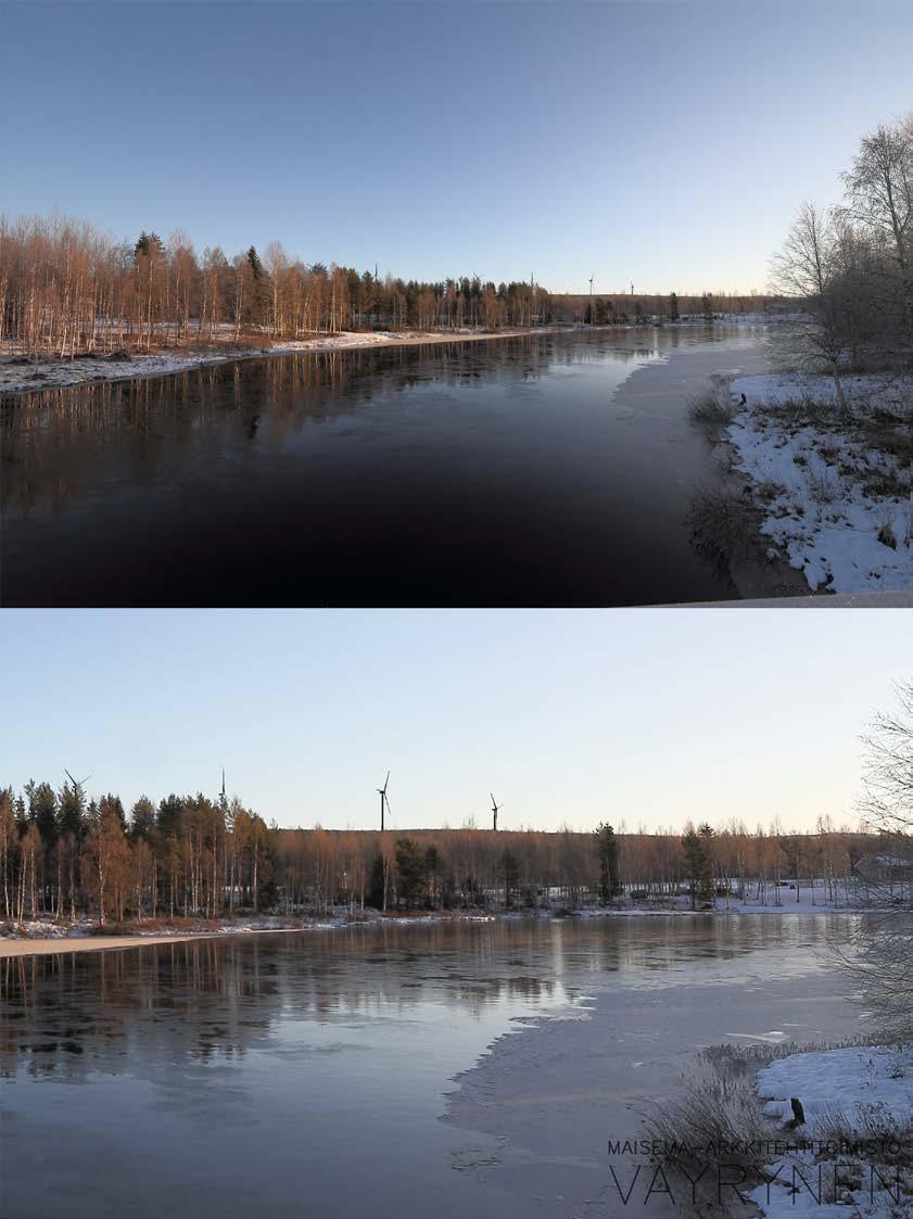 PUDASJÄRVEN KAUPUNKI 55 Kuva 31. Kuvasovite Puolangantien sillalta Korpijoen ylityskohdasta kohti Huhmarharjua kaavaluonnoksen mukaisella voimalasijoittelulla.
