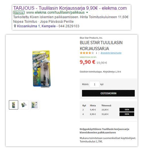kuviossa on esimerkki yhdestä toimeksiantajayrityksen AdWords-tilissä luodusta mainoksesta ja sen laskeutumissivusta.