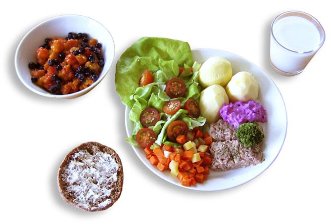 Täytä aterialla lautanen lautasmallin mukaan Lautasella: puolet kasviksia ¼ lihaa, kalaa ¼ perunaa, riisiä tai makaronia