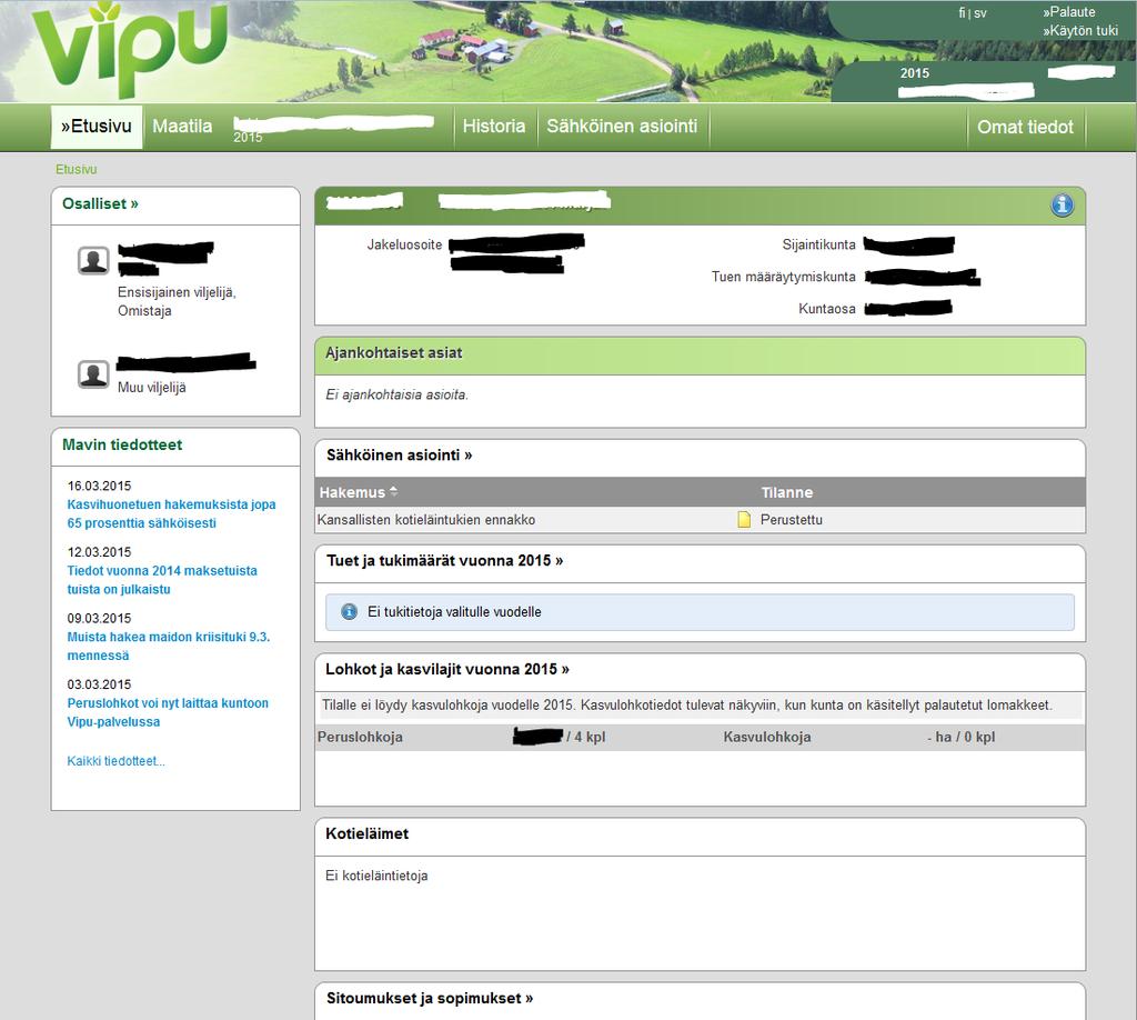 Olet Vipu-palvelun etusivulla Näet tilasi perusasioita ja tiedotteita