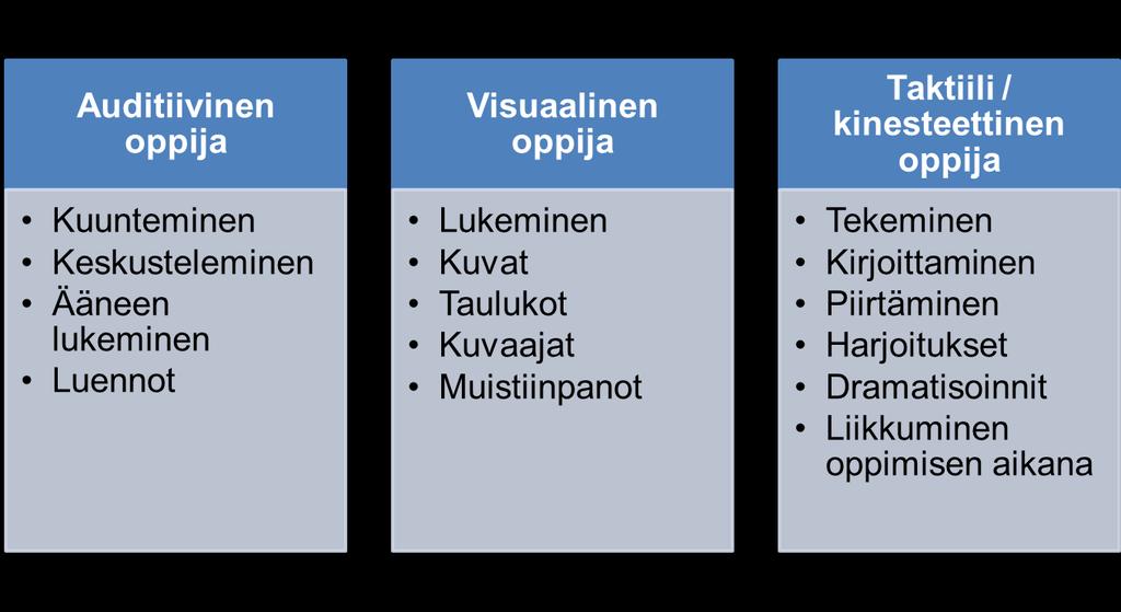 4 4 Videot opetuksen tukena 4.1 Oppimistyylit Ihmisillä on erilaisia oppimistyylejä. Oppimistyyli tarkoittaa tapaa, jonka avulla otetaan vastaan ja prosessoidaan uutta tietoa.