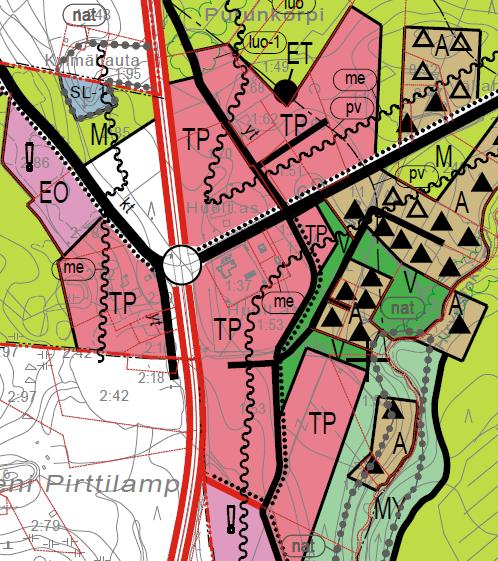 Alue on pohjavesialuetta (pv). Suunnittelualueen etelälaidassa kantatie 69:n varressa kulkee kevyenliikenteen reitti (musta pompulaviiva).