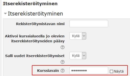 Opiskelijoiden lisääminen 1(2) Asetukset > Käyttäjähallinta Jos itserekisteröityminen: Osallistujien lisäämistavat: kirjoita kurssiavain ja haluamasi