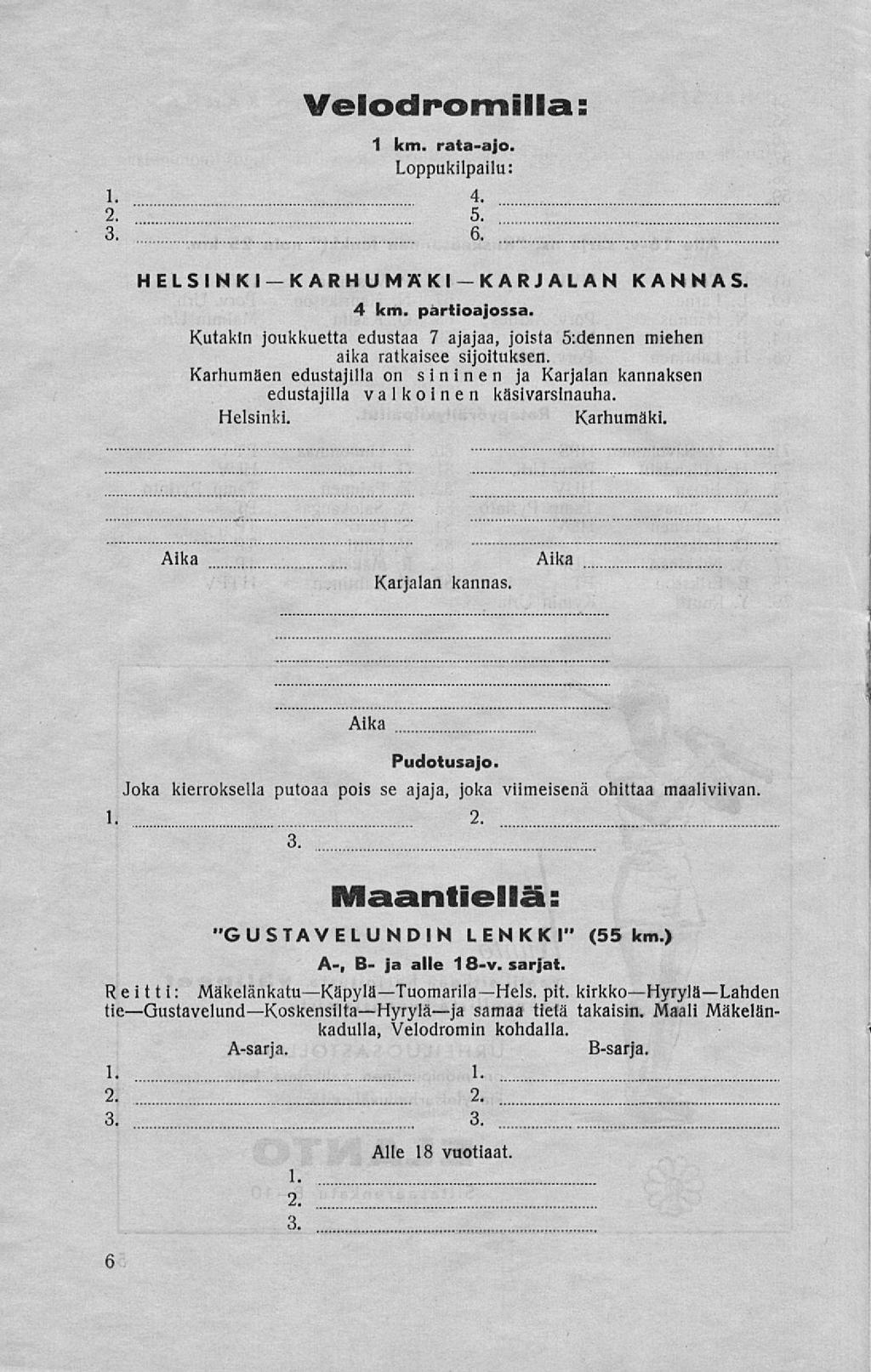 Velodromilla: 1 km. rata-ajo. Loppukilpailu: 1. 4. 2. 5. 3. 6. HELSINKI KARHUMÄKI-KARJALAN KANNAS. 4 km. partioajossa.