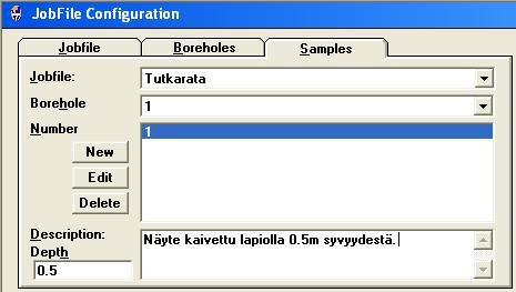 . LIITE 3 2 (21) Kuva 1.3. Boreholes Samples -ylälehden kohdassa voidaan syöttää näytepisteistä otettujen näytteiden tiedot painamalla New.