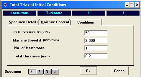 (Conditions). Cell Preassure -kohdassa määritetään sellipaine, Machine Speed -kohdassa nopeus, No.