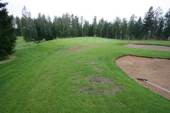 12, par 4, 349, 320, 313 ja 280 metriä - Sokkoavaus suurimmalle osalle pelaajista - Väylän vasemman reunan metsän reuna kuin seinä - Viheriö liian kalteva.