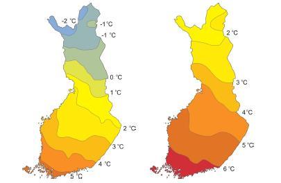 10 jois-lapin 1-2 C:sta Etelä-Suomen 5-6 C:seen. Geotermisen energian vaikutuksesta lämpötila vakiintuu Etelä-Suomessa noin 14-15 metrin syvyydessä 5-6 C:seen.