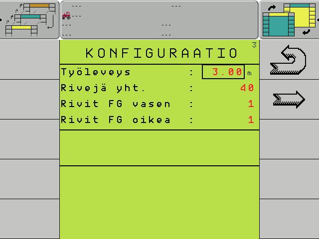 Kokoonpano 3 Kokoonpano 4 Tältä puolelta sääetään laitegeometria. 1 2 3 4 1. Työleveys Tänne syötetään koneen leveys kahen esimaalikohan tarkkuuella. 2. Rivejä yhteensä Tänne syötetään kylvövantaien määrä.