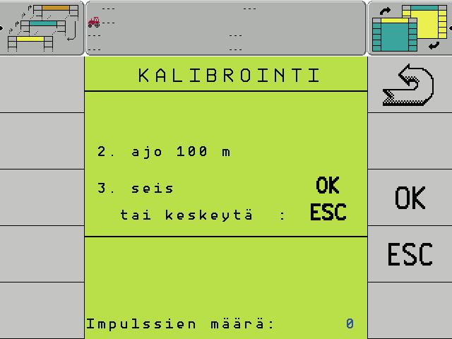 0 metrin matkan ajaminen Kytke kalibrointiohjelma päälle. Kalibrointi käynnistetään Liikennevalotoimintopainikkeella. ¾ Merkitse tarkalleen 0 metrin matka.