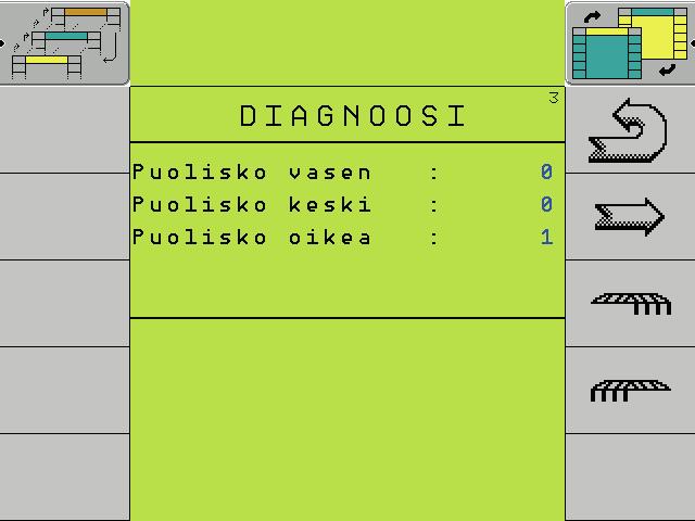 Näytössä näyttö joura oikea vaihtuu tilaan PÄÄLLE. Toimintopainike joura vasen POIS. Vasemman ajouran luukkujen tulee aueta. Näytössä näyttö joura vasen vaihtuu tilaan POIS.