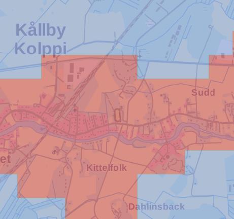 1-9 Kuva 6. Kuva näyttää yhdyskuntarakenteen. Punaisella: taajama-alueet, sinisellä: maaseutumainen alue/haja-asutusta. SYKE/YKR MML, Esri Suomi. (Karttaa on käsitelty).
