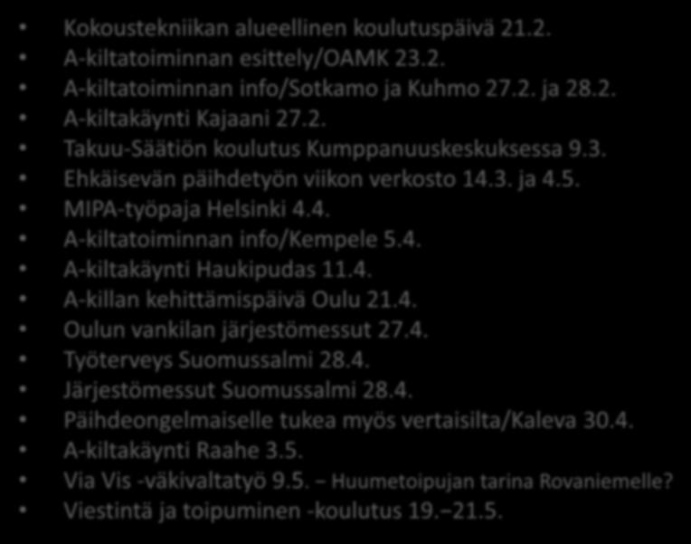 4. A-kiltakäynti Haukipudas 11.4. A-killan kehittämispäivä Oulu 21.4. Oulun vankilan järjestömessut 27.4. Työterveys Suomussalmi 28.4. Järjestömessut Suomussalmi 28.4. Päihdeongelmaiselle tukea myös vertaisilta/kaleva 30.