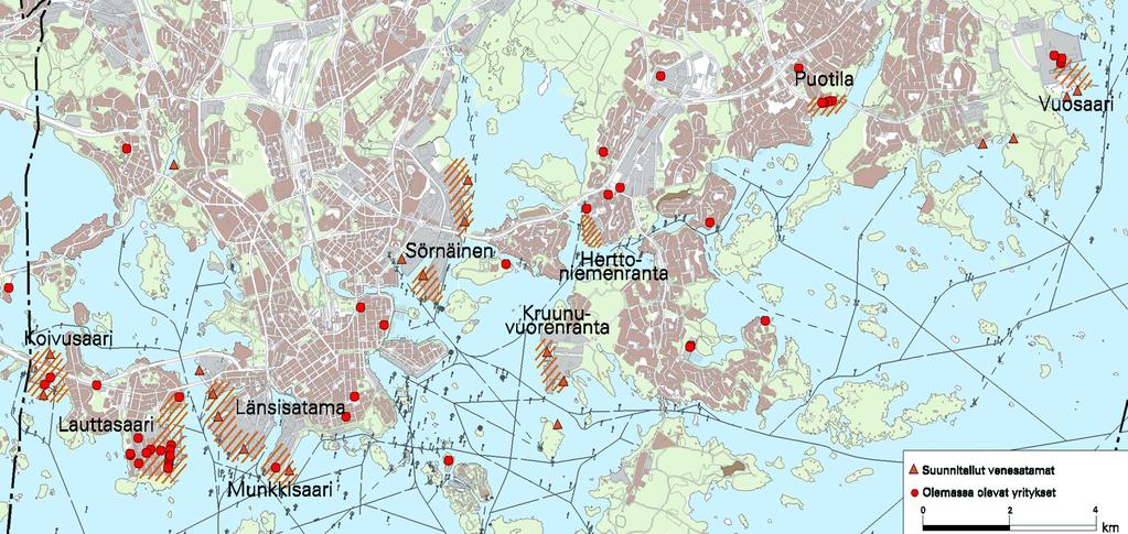 Mahdolliset sijaintipaikat Helsingin alueen venealan yritykset sijaitsevat pääosin rannikon läheisyydessä, lukumääräisesti suurin yritysten keskittymä on Lauttasaaren ja Koivusaaren alueella.