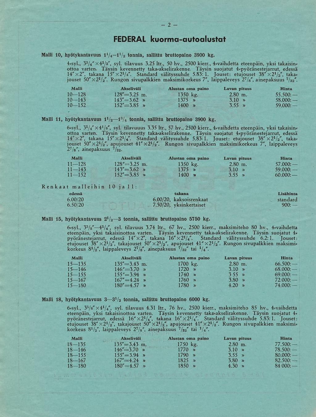 . Rungon. Rungon 2 FEDERAL kuormaautoalustat 10, hyötykantavuus 11/*IV2l 1 /* IV2 tonnia, sallittu bruttopaino 3900 kg. 4=syl., 3 3 // /4 x4 1 // /2 syl. tilavuus, 3.25 ltr., 50 hv., 2500 kierr.