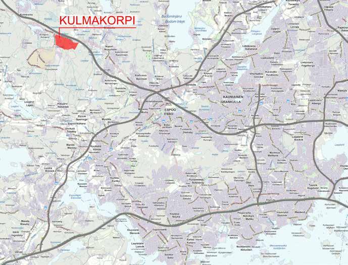 10 Espoon Kulmakorpi I kalliolouhinnan ja murskauksen YVA-menettely, ympäristövaikutusten arviointiselostus Tiivistelmä Hanke Espoon länsiosaan Kulmakorven alueelle on laadittu Kulmakorpi I:n