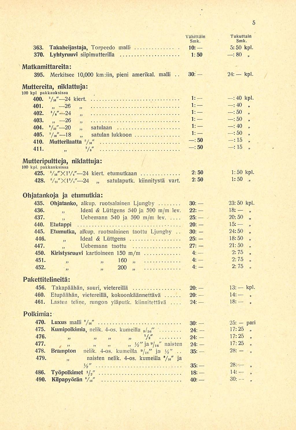 30: 30: 24: 35: 5:50 : 20:50 2:75 14; 28: Vähittäin 363 Takaheijastaja Torpeedo malli 10: Tukuttain kpl 370 Lyhtyruuvi supimutterilla 1:50 : 80 Matkamittareita: 395 Merkitsee 10000 km;iin pieni