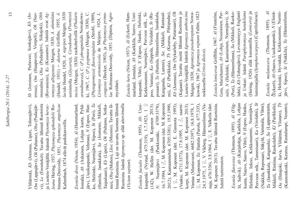 Sahlbergia 20. 1 (2014). 2-27 13 Ylihärmä), Kö (Joensuu, Liperi, Tohmajärvi), Om (Lappajarvr), Ok (Paltamo), Oba (Pudasjàrv1), Le (Enontekiö). Tavattu lähinnä Ruotsista ja Luoteis-Venäjältä.