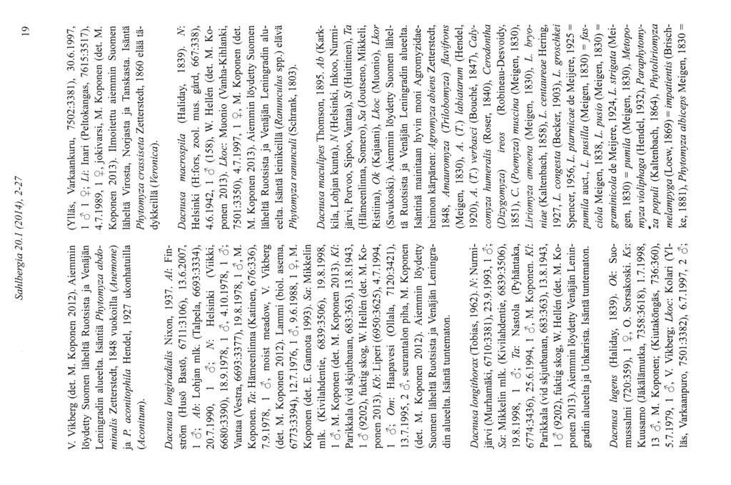 Sahlbergia 20.1 (2014), 2-27 t9 V. Vikberg (det. M. Koponen 2012). Aiemmin löydetty Suomen läheltä Ruotsista ja Venäjän Leningradin alueelta.
