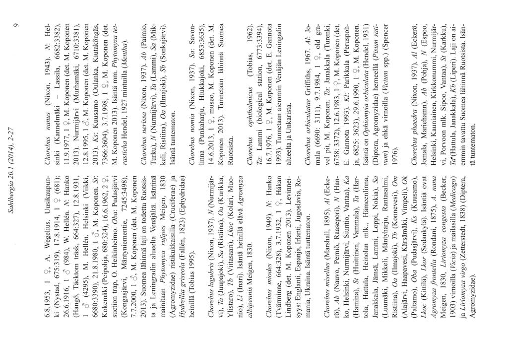Sahlbergia 20. I (201 4). 2-27 9 6.8.1953, I?, A Wegelius. Uusikaupunki (Nystad, 675:319), 1'7.8.1914, I? (681); 26.6.1916, 1 ó (9S4), W. Hellén. N: Hanko (Hangö, Täcktom ftask, 664:327), 12.8.1931, 1 6 Ø295), M.
