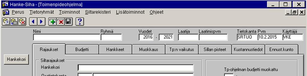 38 kenttään valittavista arvoista. Toimenpideohjelman muodostaminen voidaan aloittaa myös kopioimalla vanha toimenpideohjelma ja muuttamalla siihen tarvittavat rajaukset ja määritelmät.