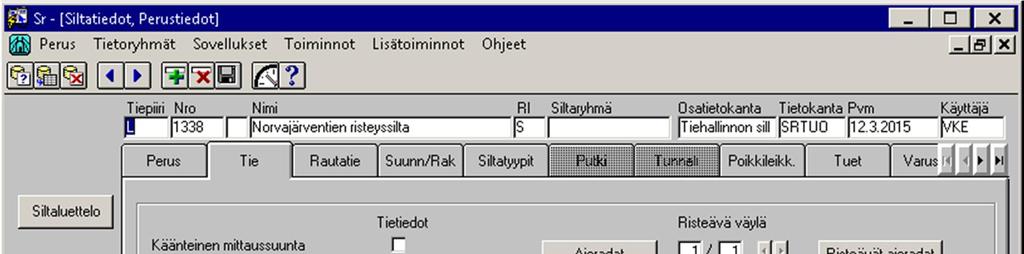 45 avaamalla Perustiedot-valikko löytyy sillan käyttötarkoitus ja Tie-välilehdeltä hoitoluokka, nopeusrajoitus ja risteävän väylän tiedot kuvion 17 mukaisesti. Kuvio 17.