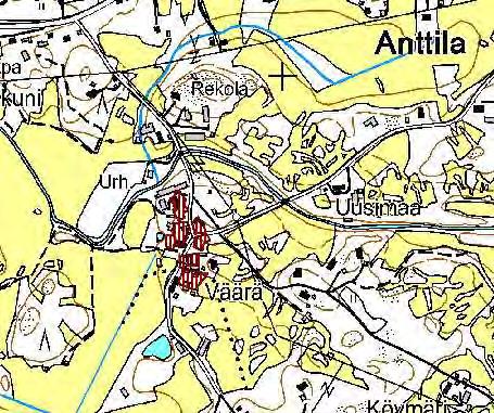 Kuva 6. Anttilan kylä. Isojakokartan mukaiset tontit peruskartalla.