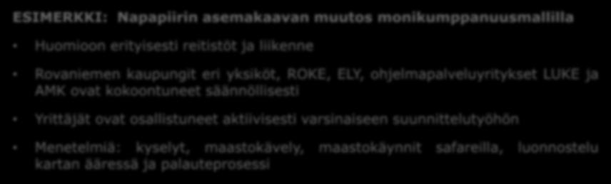Vuorovaikutuksen mallit ja yhteistyö ESIMERKKI: Napapiirin asemakaavan muutos monikumppanuusmallilla Huomioon erityisesti reitistöt ja liikenne Rovaniemen kaupungit eri yksiköt, ROKE, ELY,