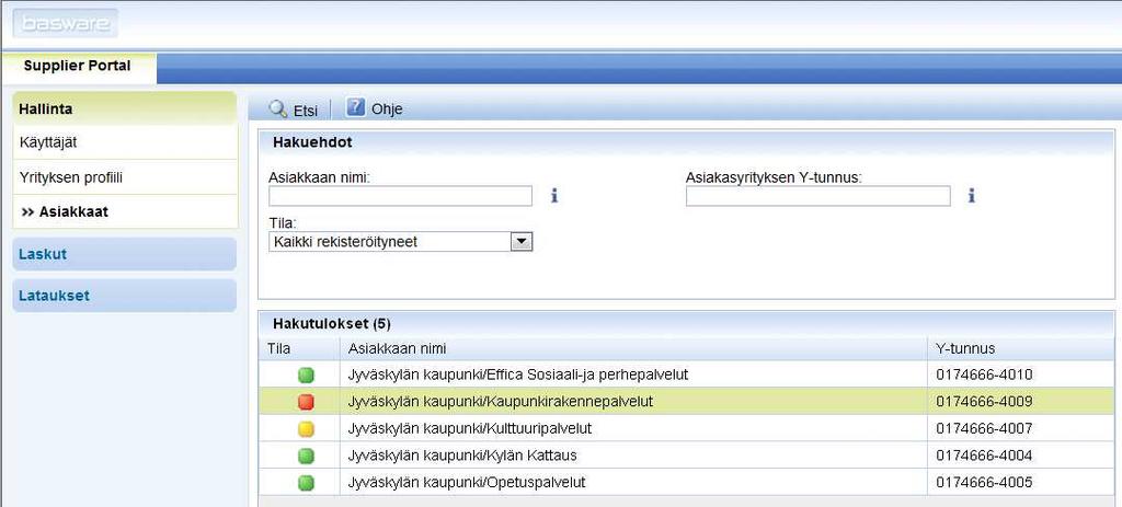 Asiakkaiden hallinta Rekisteröityjä asiakkaita pääsee tarkastelemaan valitsemalla Hallinta kohdasta Asiakkaat 10 Kaikki lisätyt asiakkaat saa näkyviin, kun vaihtaa Tilaksi Kaikki Rekisteröityneet ja