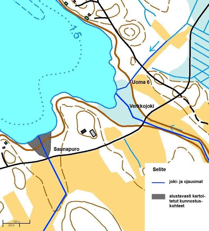 Kuva 9. Vuonisjärven kaakkoisosa. Vuonisjärven kaakkoisosaan laskevat Saunapuro, Verkkojoki ja uoma 6 (Muikkulanoja). Verkkojoki on virtaamaltaan ylivoimaisesti suurin Vuonisjärveen laskeva uoma.