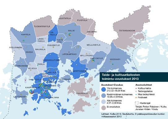 Kartta 1. Taide- ja kulttuurilaitosten toiminta-avustukset asuinalueittain. terit, teatteri-, tanssi- ja sirkusryhmät, taiteen perusopetusta tarjoavat oppilaitokset, museot sekä suuremmat festivaalit.