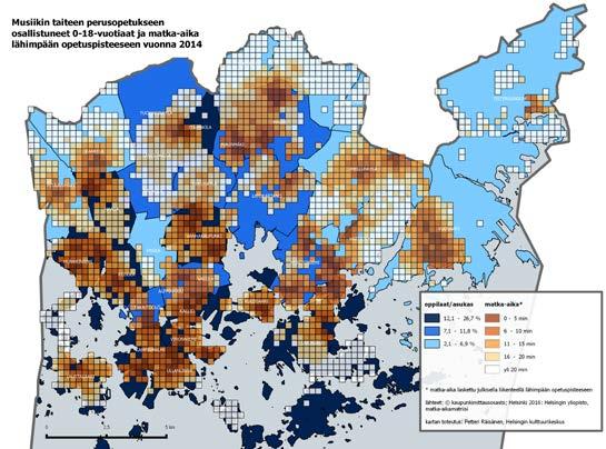 Kartta 5. Musiikin taiteen perusopetuksen 0-18-vuotiaat oppilaat ja opetuksen saavutettavuus.