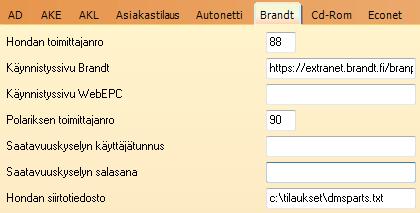 Huom! Tärkeää! Hondaa ja Polarista käsitellään omilla toimittajanumeroillaan, koska on myös kaksi yhtiötä, Brandt Oy ja Brandt-Polaris Oy.