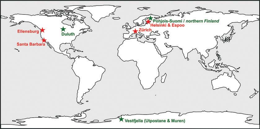 Kuva 2. Projektin tutkimuskohteet (vihreällä) ja -paikat (punaisella) maailmankartalla. Figure 2. The project case study sites (in green) and the sites of research (in red) on a world map.