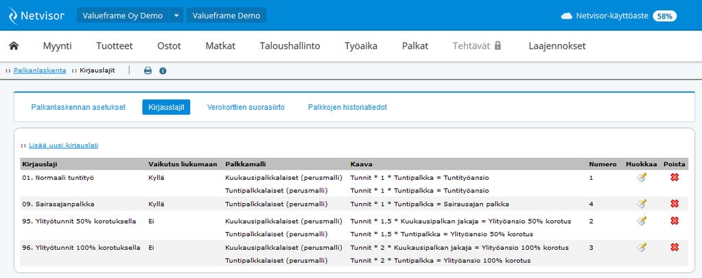 Rajapintatunnukset luodaan Netvisorissa valinnalla Hallinta --> Palvelun hallinta --> Yrityksen tiedot --> Ulkoisen järjestelmän tunnisteet. ValueFramen asiantuntija määrittää tunnukset ValueFrameen.