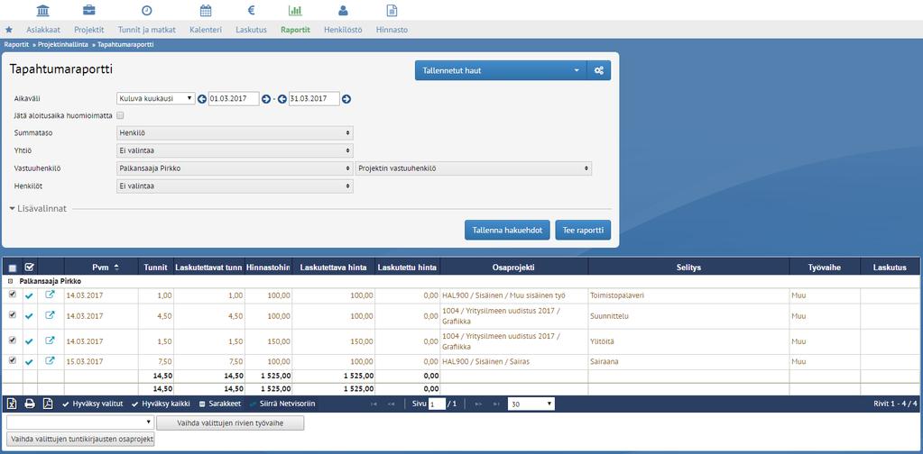 2 Tuntikirjausten lähetys 2.1 Tuntikirjausten siirto tapahtumaraportilta Valinnalla Raportit» Projektinhallinta» Tapahtumaraportti voidaan valita tuntikirjaukset jotka halutaan siirtää Netvisoriin.