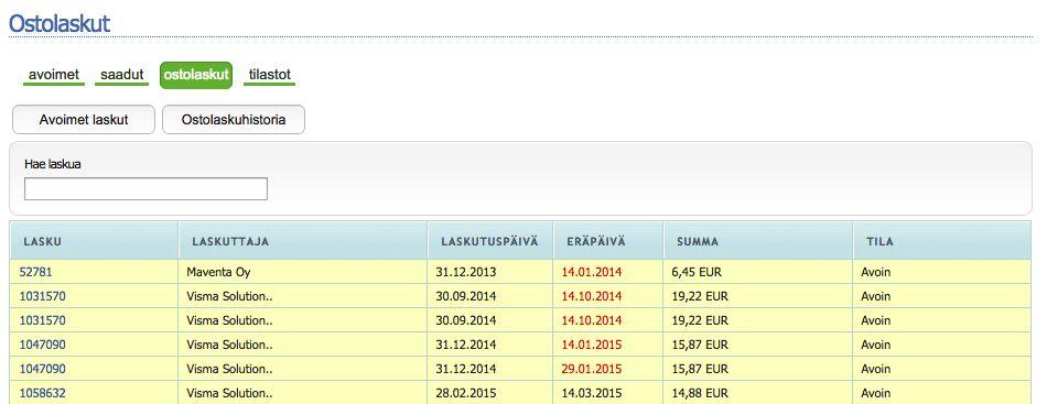 8.3.Ostolaskut Ostolaskujen tila voi olla joko Avoin tai Hyväksytty. Verkkolaskut.fi noutaa uudet ostolaskut aina, kun tilille kirjaudutaan sisään.