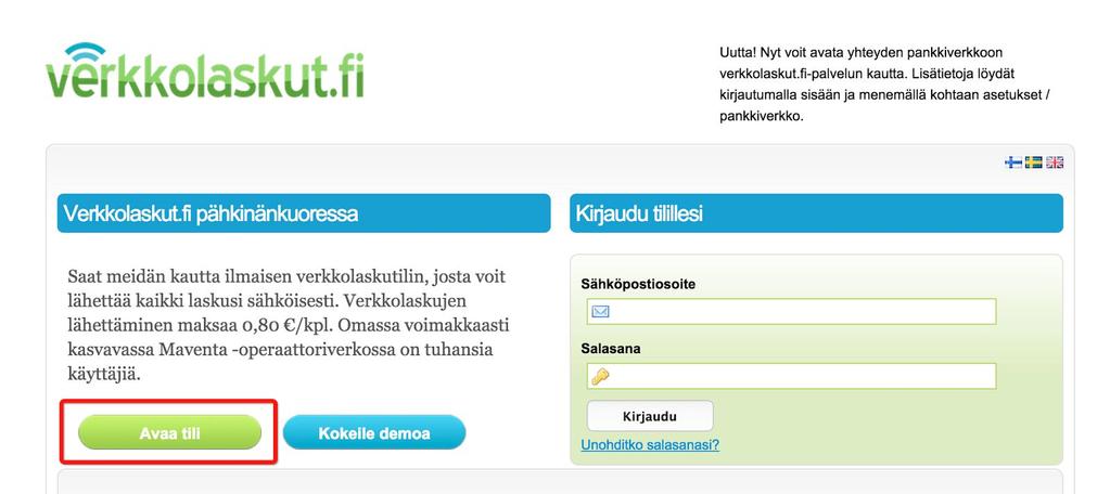 1. Rekisteröityminen Verkkolaskut.fi-palveluun rekisteröityminen onnistuu osoitteessa www.verkkolaskut.fi. Kun avaat tilin palveluun, avaat samalla myös Maventa-tilin yrityksellesi.