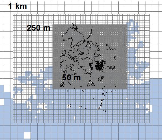 5/19 Karkeammalla resoluutiolla malli käsittää koko Suomenlahden.
