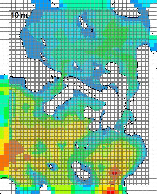 6/19 Syvyys (m) 0 1 2 3 4 5 6 7 8 Kuva 2. 10 metrin hila-alueiden sijainnit ja syvyydet. Vesi ja maa-alueet kuvaavat suunniteltujen täyttöjen mukaista tilannetta.