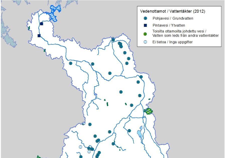 Kuva 11. Kyrönjoen vesistöalueella sijaitsevat Natura 2000 -alueet ja vedenottamot (2013).