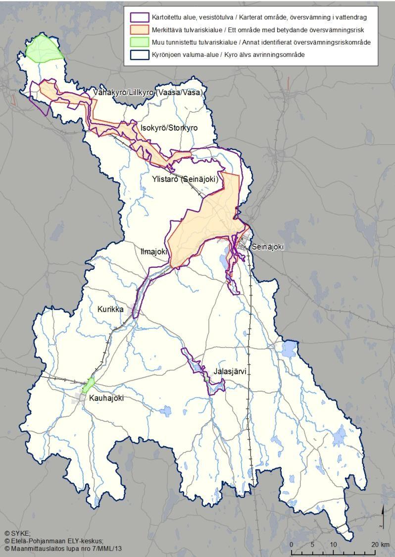 Taulukko 20. Kyrönjoen vesistöalueella tulvavaarakartoitetut alueet.