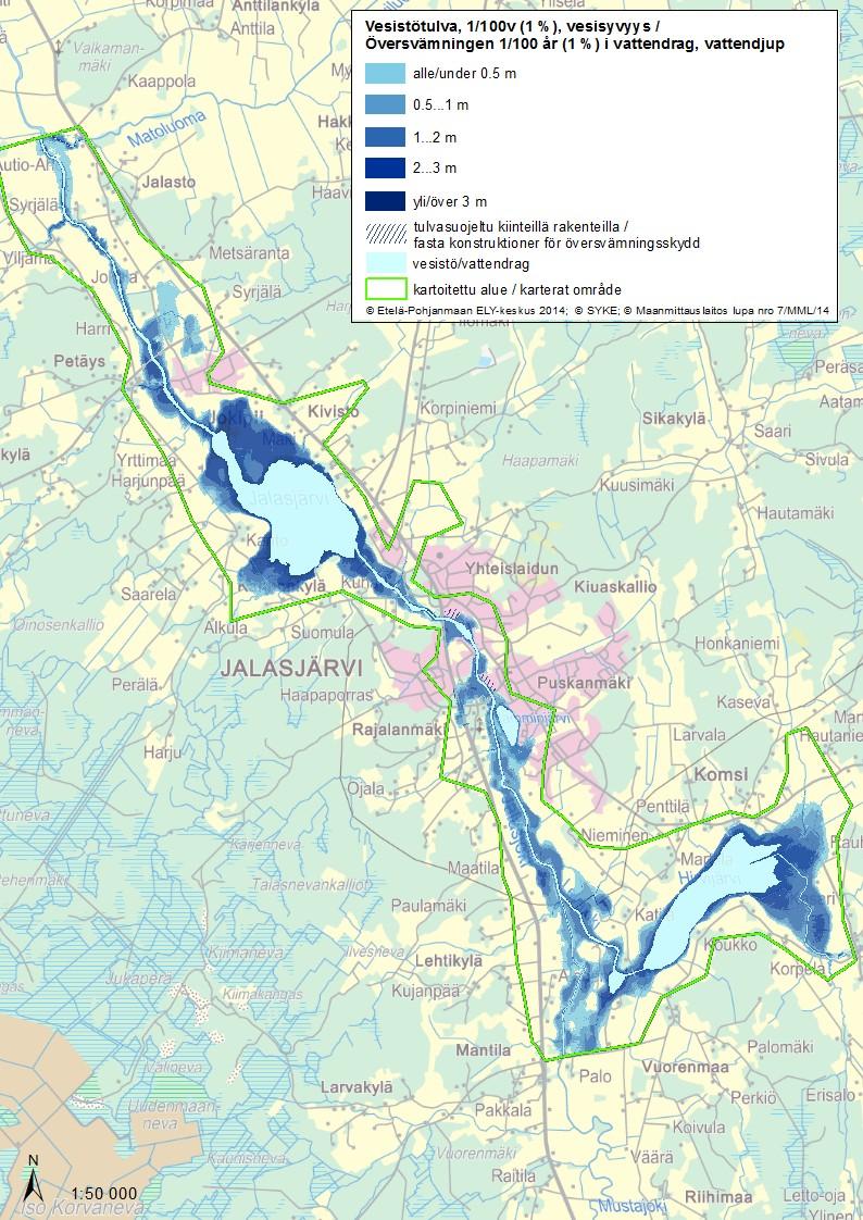 7.1.3 Muut tulvakartoitetut alueet: Jalasjärven tulvavaarakartoitus Jalasjärven yksityiskohtainen tulvakartoitus toteutettiin 1D-virtausallinnuksella vuonna 2009.