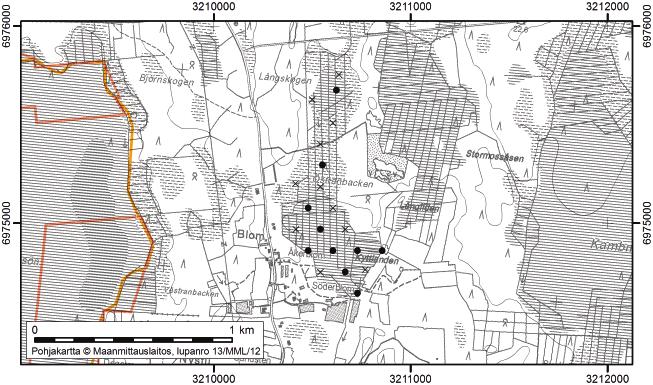 Korsnäsissä tutkitut suot ja niiden turvevarat 9. Östranbackensmossen Östranbackensmossen (kl. 1242 05, x=6974,9, y=3210,5) sijaitsee noin 9 km Korsnäsin keskustasta itäkaakkoon.