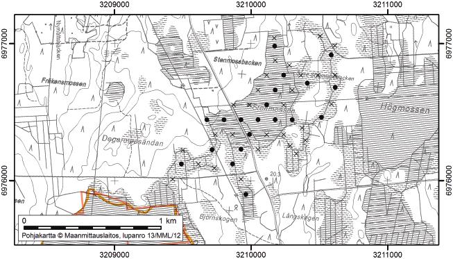 Korsnäsissä tutkitut suot ja niiden turvevarat 11. Stenmossen Stenmossen (kl. 1242 05, x=6976,4, y=3210,1)sijaitsee noin 9 km Korsnäsin keskustasta itään.