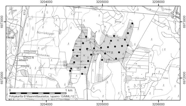 Korsnäsissä tutkitut suot ja niiden turvevarat 12. Snickarmossen Snickarmossen (kl. 1242 04, x=6972,5, y=3205,0) sijaitsee noin 9 km Korsnäsin keskustasta etelään.